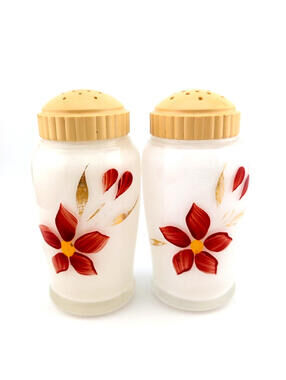 Vintage Bartlett Collins Hand Painted Glass Salt and Pepper Shakers Floral Red